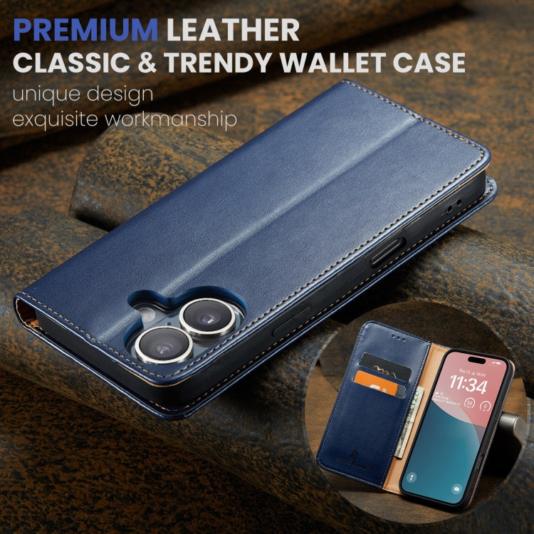 For iPhone 16 Fierre Shann PU Genuine Leather Texture Phone Case(Blue)