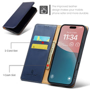 For iPhone 16 Fierre Shann PU Genuine Leather Texture Phone Case(Blue)