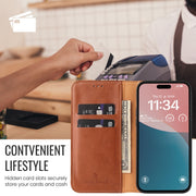 For iPhone 16 Fierre Shann PU Genuine Leather Texture Phone Case(Brown)