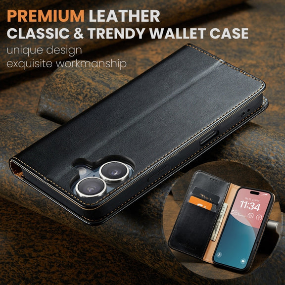 For iPhone 16 Fierre Shann PU Genuine Leather Texture Phone Case(Black)