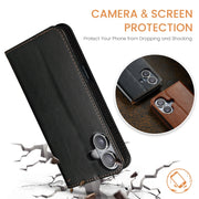 For iPhone 16 Fierre Shann PU Genuine Leather Texture Phone Case(Black)