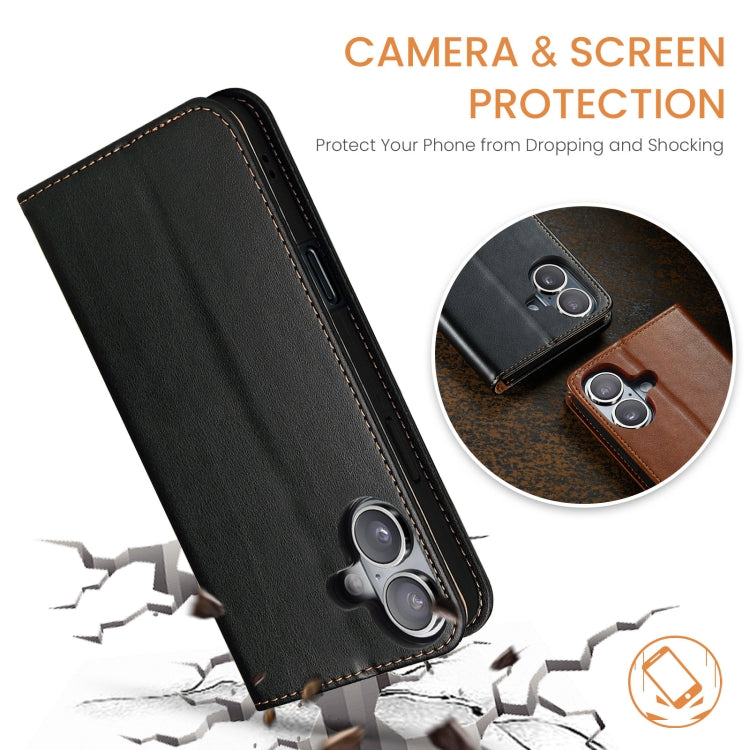 For iPhone 16 Fierre Shann PU Genuine Leather Texture Phone Case(Black)