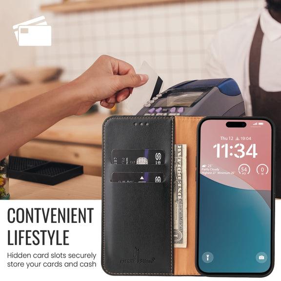 For iPhone 16 Fierre Shann PU Genuine Leather Texture Phone Case(Black)