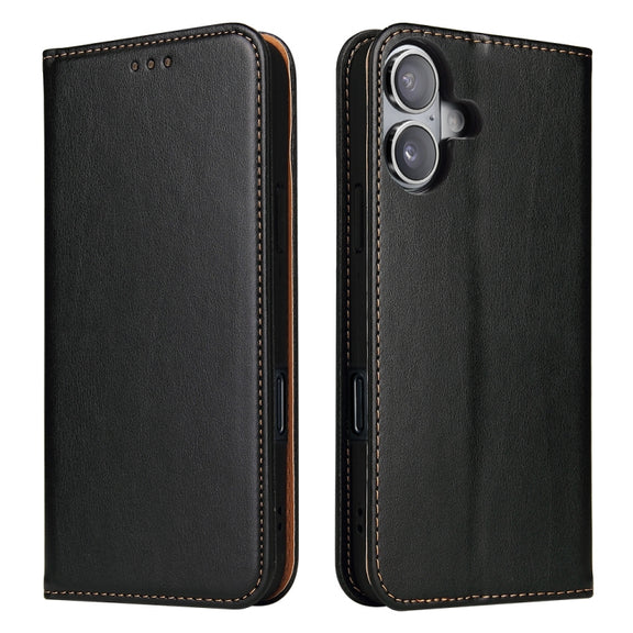 For iPhone 16 Fierre Shann PU Genuine Leather Texture Phone Case(Black)