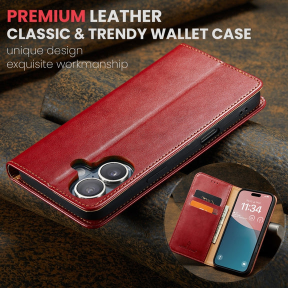 For iPhone 16 Fierre Shann PU Genuine Leather Texture Phone Case(Red)