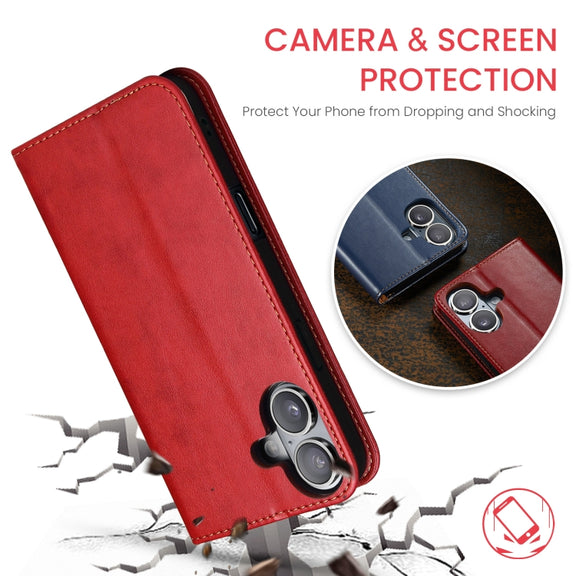 For iPhone 16 Plus Fierre Shann PU Genuine Leather Texture Phone Case(Red)