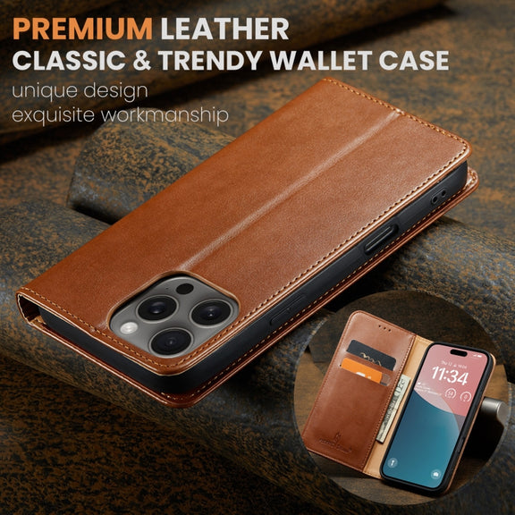 For iPhone 16 Pro Fierre Shann PU Genuine Leather Texture Phone Case(Brown)