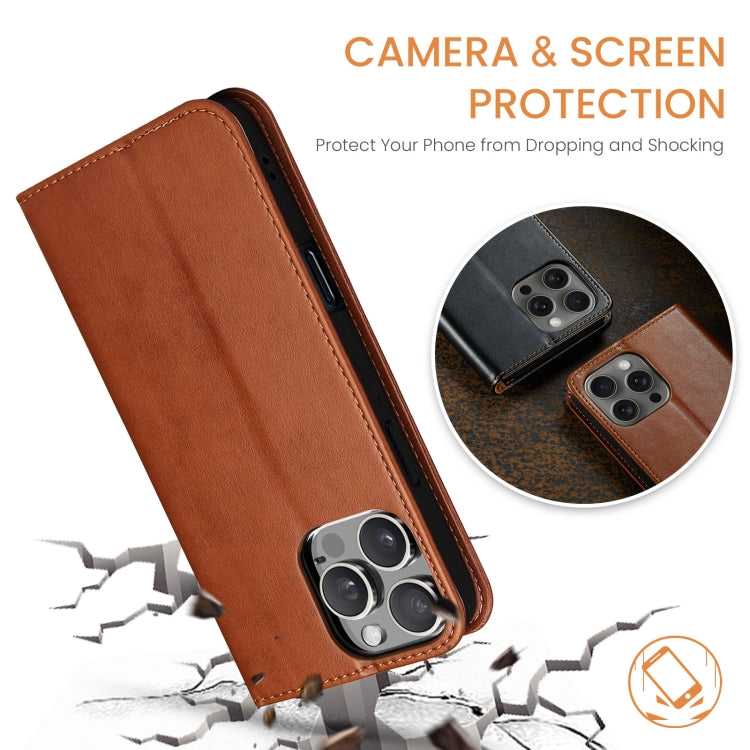 For iPhone 16 Pro Fierre Shann PU Genuine Leather Texture Phone Case(Brown)
