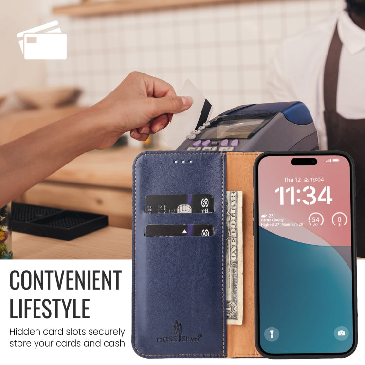 For iPhone 16 Pro Max Fierre Shann PU Genuine Leather Texture Phone Case(Blue)