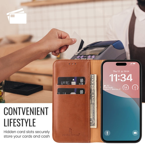 For iPhone 16 Pro Max Fierre Shann PU Genuine Leather Texture Phone Case(Brown)
