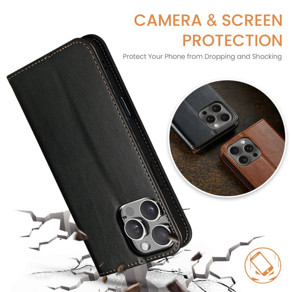 For iPhone 16 Pro Max Fierre Shann PU Genuine Leather Texture Phone Case(Black)