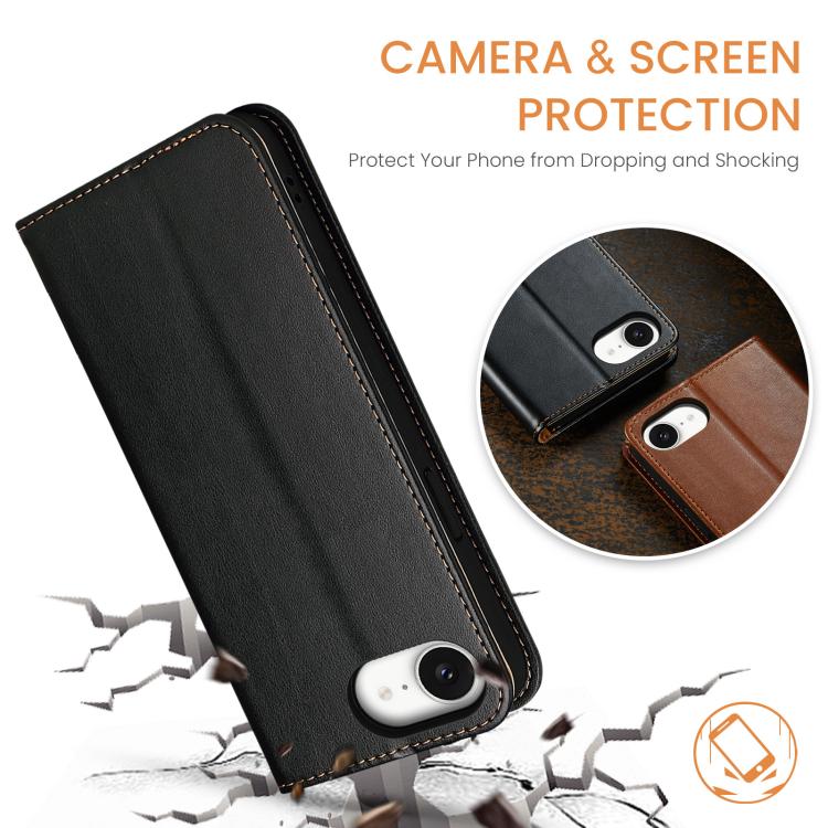 For iPhone 16e Fierre Shann PU Genuine Leather Texture Phone Case(Black) - iPhone 16e Cases by FIERRE SHANN | Online Shopping South Africa | PMC TechLife | Buy Now Pay Later Mobicred