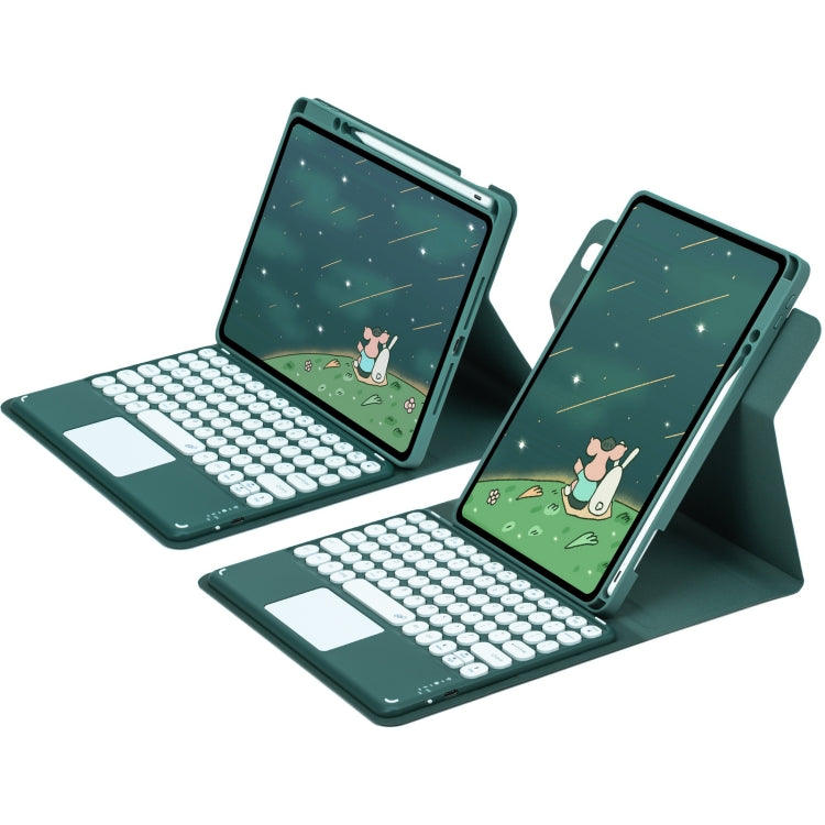 For iPad Air 2022 / iPad Pro 11 2021 Round Button 360 Degree Rotatable Bluetooth Keyboard Leather Case with Touchpad(Dark Green)