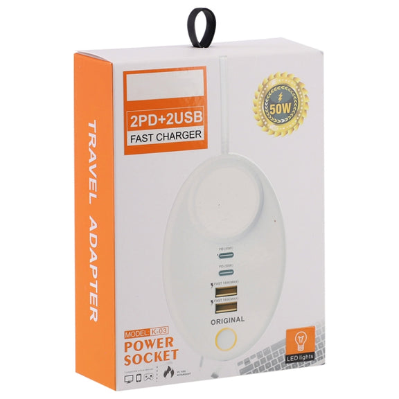 YF-106 USB- C / Type-Cx2+USBx2 Oval PD Socket Phone Charger with Light, Plug Type:US Plug(Black)