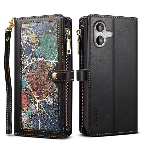 For iPhone 16 Plus ESEBLE Star Series Lanyard Zipper Wallet RFID Leather Case(Black)