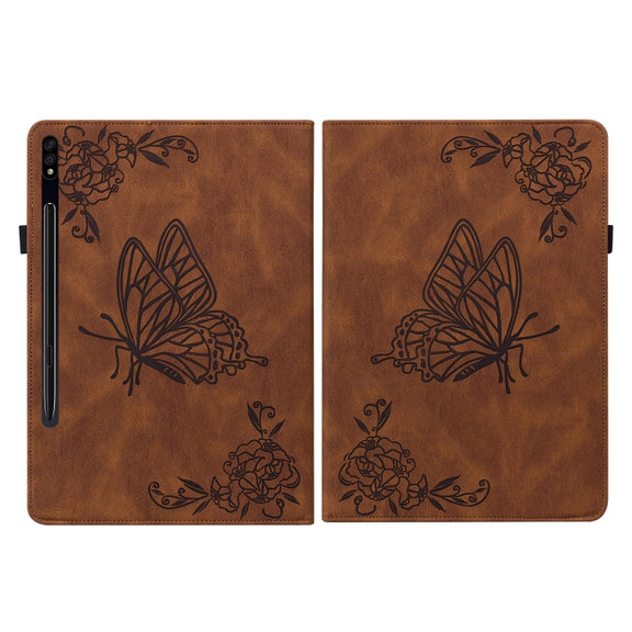 For Samsung Galaxy Tab S9+ Butterfly Flower Embossed Leather Tablet Case(Brown)