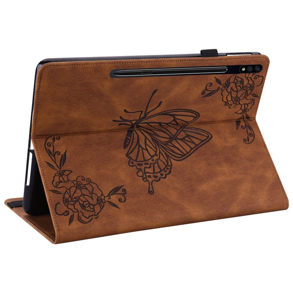 For Samsung Galaxy Tab S9+ Butterfly Flower Embossed Leather Tablet Case(Brown)