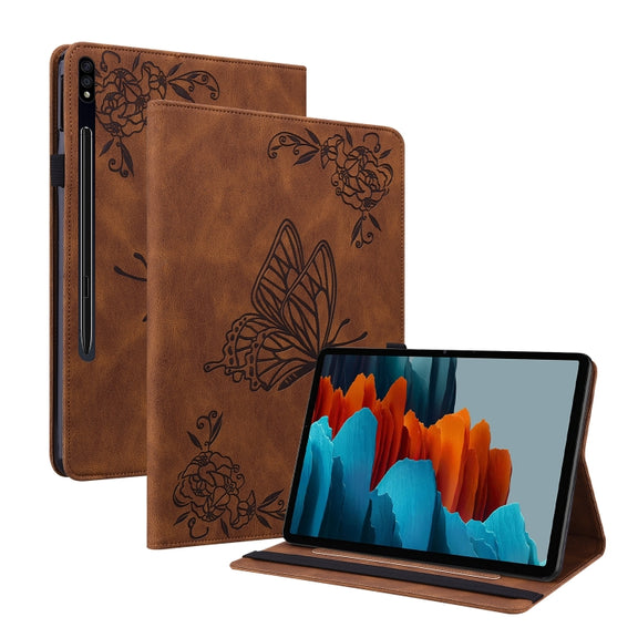 For Samsung Galaxy Tab S9+ Butterfly Flower Embossed Leather Tablet Case(Brown)