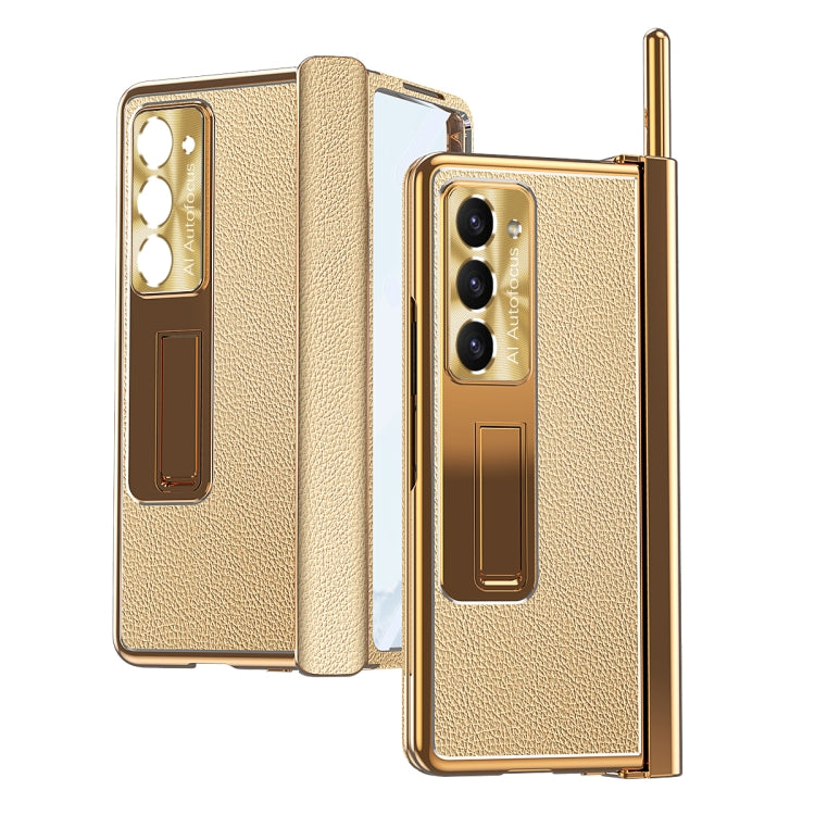For Samsung Galaxy Z Fold5 Litchi Pattern Magnetic Shell Film Integrated Shockproof Phone Case(Gold) - Galaxy Z Fold5 Cases by PMC TechLife | Online Shopping South Africa | PMC TechLife