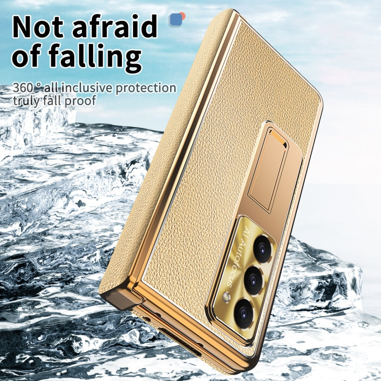 For Samsung Galaxy Z Fold5 Litchi Pattern Magnetic Shell Film Integrated Shockproof Phone Case(Gold) - Galaxy Z Fold5 Cases by PMC TechLife | Online Shopping South Africa | PMC TechLife