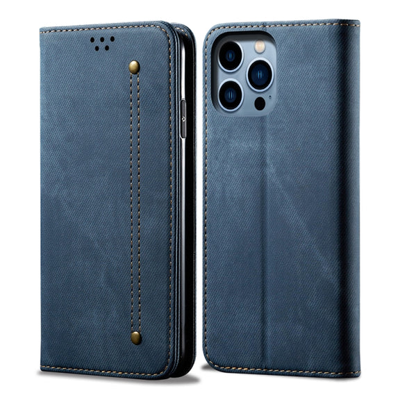 For iPhone 16 Pro Denim Texture Casual Style Horizontal Flip Leather Case(Blue)