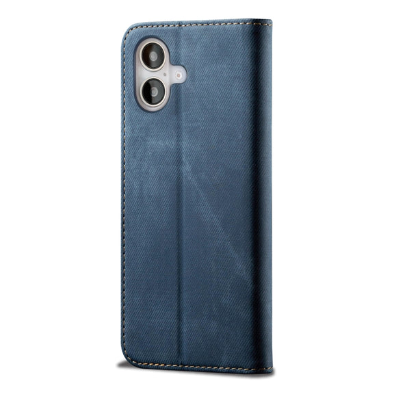 For iPhone 16 Denim Texture Casual Style Horizontal Flip Leather Case(Blue)