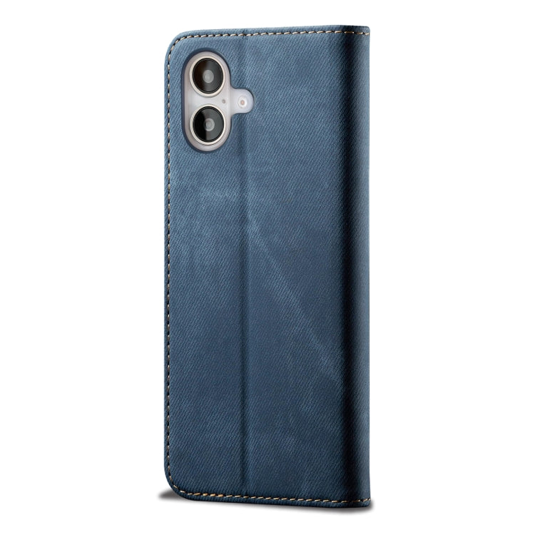 For iPhone 16 Denim Texture Casual Style Horizontal Flip Leather Case(Blue)