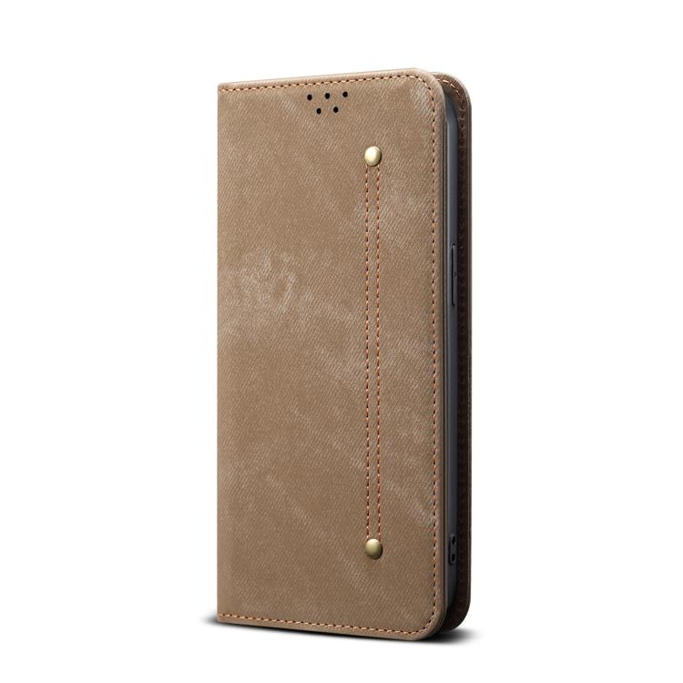 For iPhone 16e Denim Texture Casual Style Horizontal Flip Leather Case(Khaki) - iPhone 16e Cases by PMC TechLife | Online Shopping South Africa | PMC TechLife | Buy Now Pay Later Mobicred