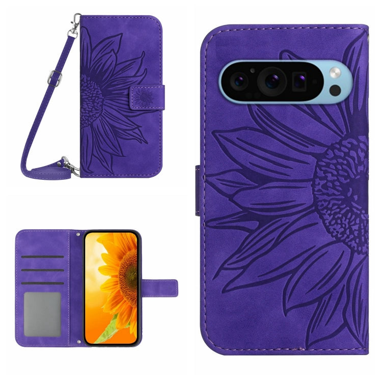 For Google Pixel 9 Pro Skin Feel Sun Flower Embossed Flip Leather Phone Case with Lanyard(Dark Purple) - Google Cases by PMC TechLife | Online Shopping South Africa | PMC TechLife | Buy Now Pay Later Mobicred