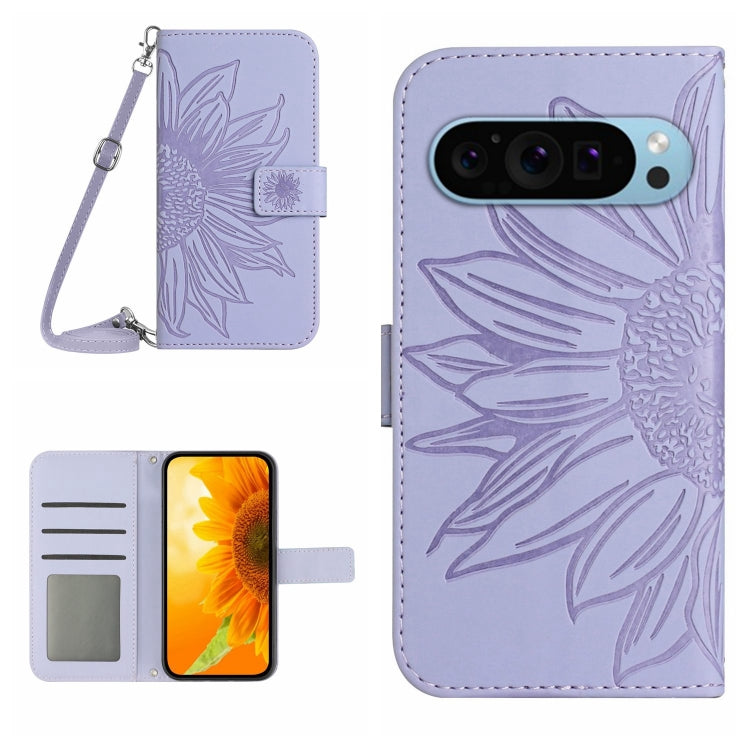 For Google Pixel 9 Skin Feel Sun Flower Embossed Flip Leather Phone Case with Lanyard(Purple) - Google Cases by PMC TechLife | Online Shopping South Africa | PMC TechLife | Buy Now Pay Later Mobicred