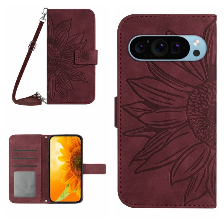For Google Pixel 9 Skin Feel Sun Flower Embossed Flip Leather Phone Case with Lanyard(Wine Red) - Google Cases by PMC TechLife | Online Shopping South Africa | PMC TechLife | Buy Now Pay Later Mobicred