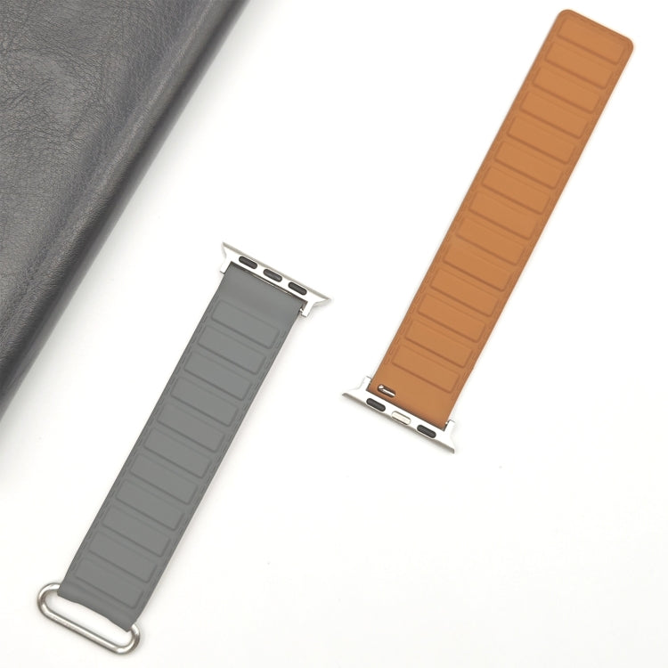 For Apple Watch Series 8 45mm  Reverse Buckle Magnetic Silicone Watch Band(Silver Buckle Grey Brown)