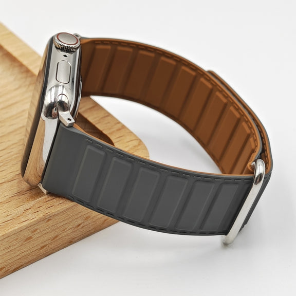 For Apple Watch SE 40mm Reverse Buckle Magnetic Silicone Watch Band(Silver Buckle Grey Brown)