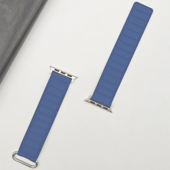 For Apple Watch SE 44mm Reverse Buckle Magnetic Silicone Watch Band(Silver Buckle Blue)