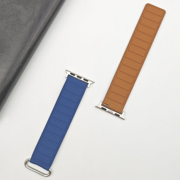 For Apple Watch SE 44mm Reverse Buckle Magnetic Silicone Watch Band(Silver Buckle Blue)