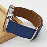 For Apple Watch SE 44mm Reverse Buckle Magnetic Silicone Watch Band(Silver Buckle Blue)