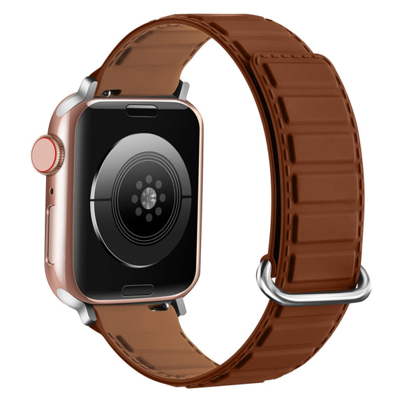 For Apple Watch Series 5 44mm Reverse Buckle Magnetic Silicone Watch Band(Silver Buckle Brown)