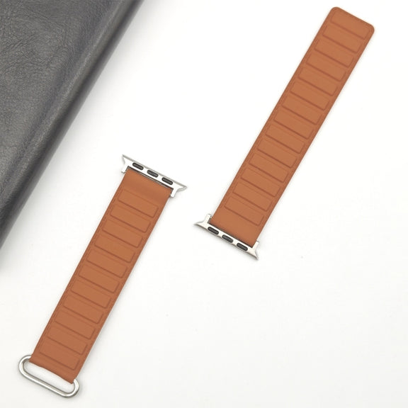 For Apple Watch Ultra 2 49mm Reverse Buckle Magnetic Silicone Watch Band(Silver Buckle Brown)