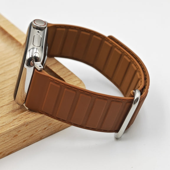 For Apple Watch Ultra 2 49mm Reverse Buckle Magnetic Silicone Watch Band(Silver Buckle Brown)