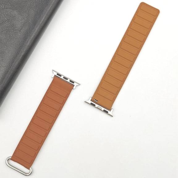 For Apple Watch SE 2023 40mm Reverse Buckle Magnetic Silicone Watch Band(Silver Buckle Brown)