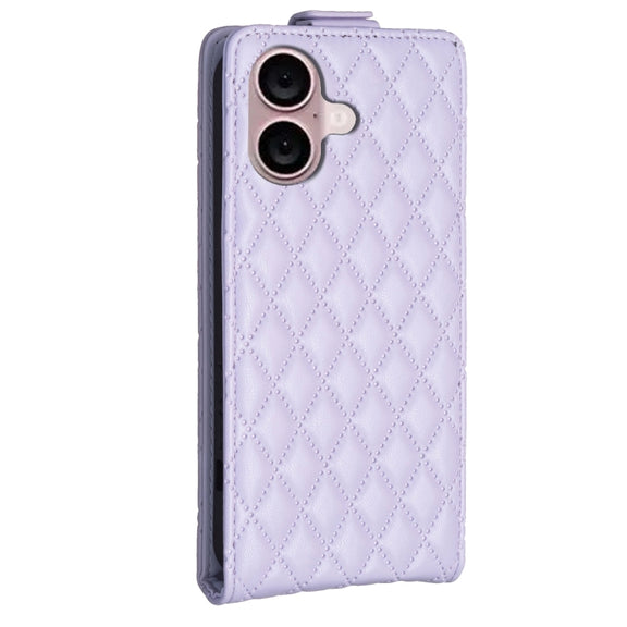 For iPhone 16 Diamond Lattice Vertical Flip Leather Phone Case(Purple)