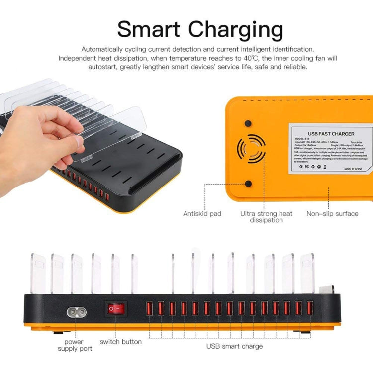 WLX-815P 180W 15 Ports USB Fast Charging Dock Smart Charger with Holder, UK Plug