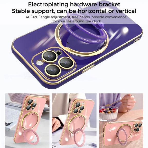 For iPhone 15 Pro Max Multifunction Electroplating MagSafe Holder Phone Case(Dark Purple)