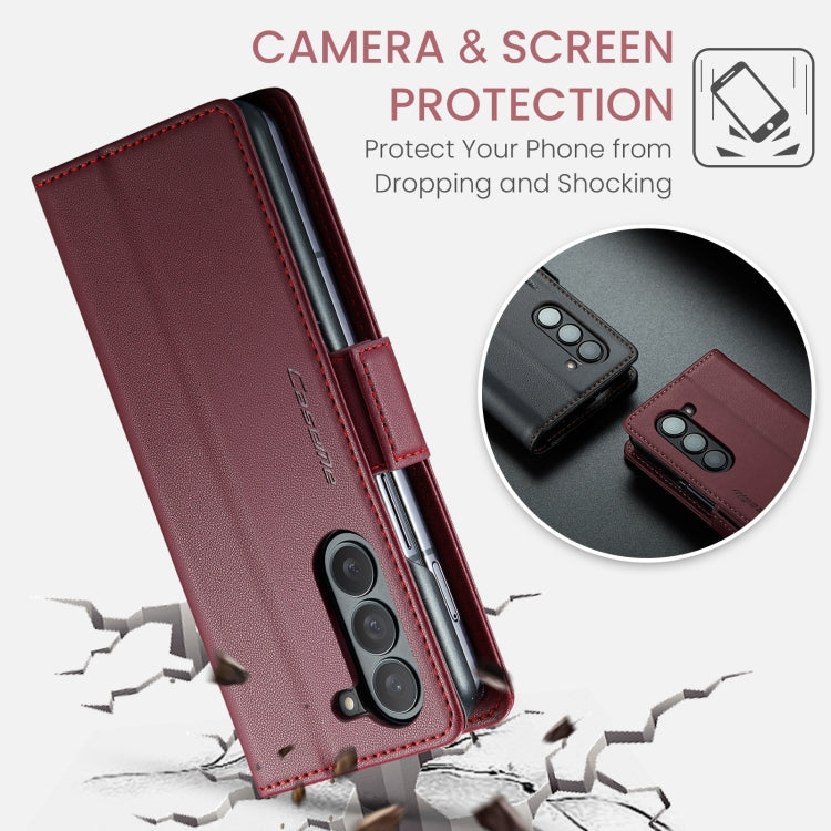 For Samsung Galaxy Z Fold6 5G CaseMe 023 Butterfly Buckle Litchi Texture RFID Anti-theft Leather Phone Case(Wine Red)