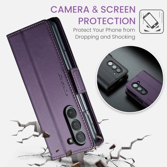 For Samsung Galaxy Z Fold6 5G CaseMe 023 Butterfly Buckle Litchi Texture RFID Anti-theft Leather Phone Case(Pearly Purple)