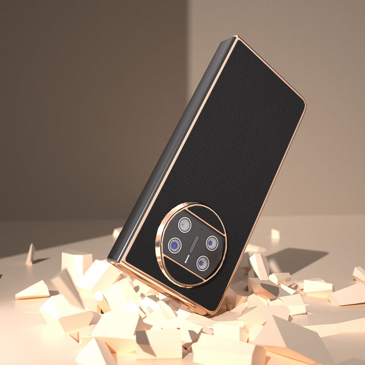 For Huawei Mate X3 Nano Plating Genuine Leather Wave Series Phone Case(Black)