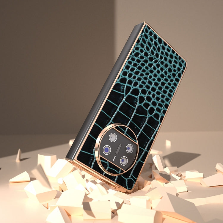 For Huawei Mate X3 Nano Plating Genuine Leather Crocodile Pattern Phone Case(Blue) - Huawei Cases by PMC TechLife | Online Shopping South Africa | PMC TechLife | Buy Now Pay Later Mobicred