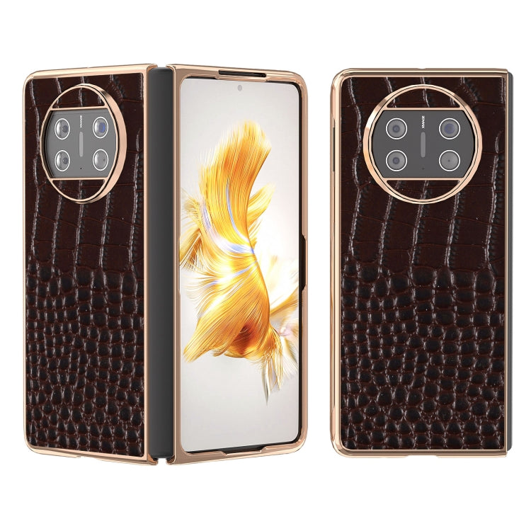 For Huawei Mate X3 Nano Plating Genuine Leather Crocodile Pattern Phone Case(Coffee) - Huawei Cases by PMC TechLife | Online Shopping South Africa | PMC TechLife | Buy Now Pay Later Mobicred