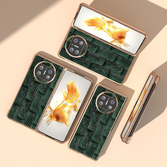 For Huawei Mate X3 Nano Plating Genuine Leather Mahjong Texture Phone Case(Green)