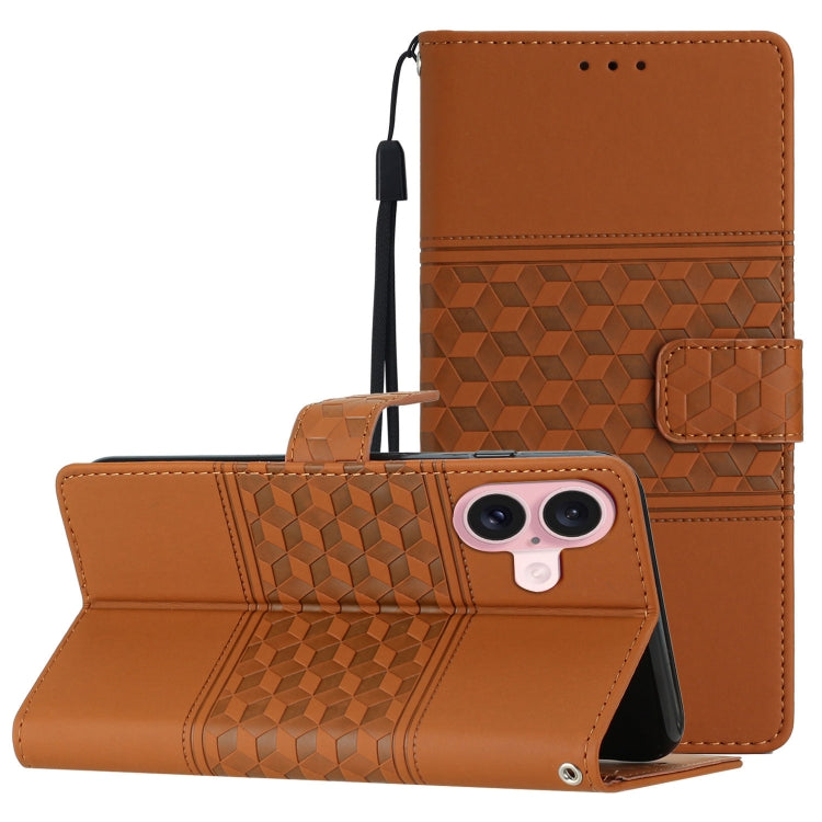For iPhone 16 Diamond Embossed Skin Feel Leather Phone Case(Brown) - iPhone 16 Cases by PMC TechLife | Online Shopping South Africa | PMC TechLife | Buy Now Pay Later Mobicred